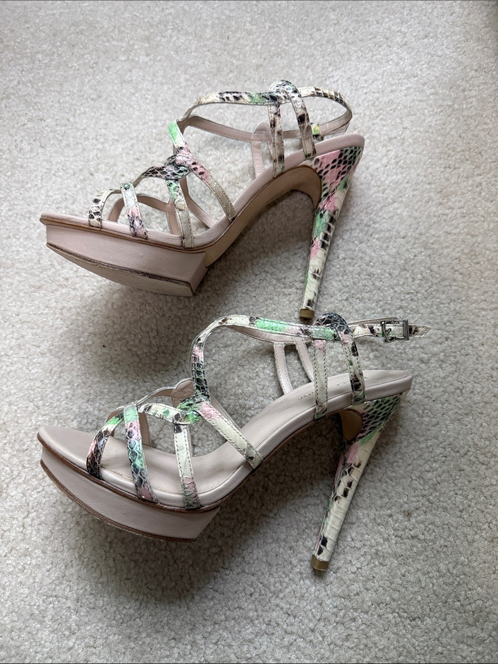Pelle Moda Pastel Snake-Print Strappy High Heel Sandals in Pink and Mint